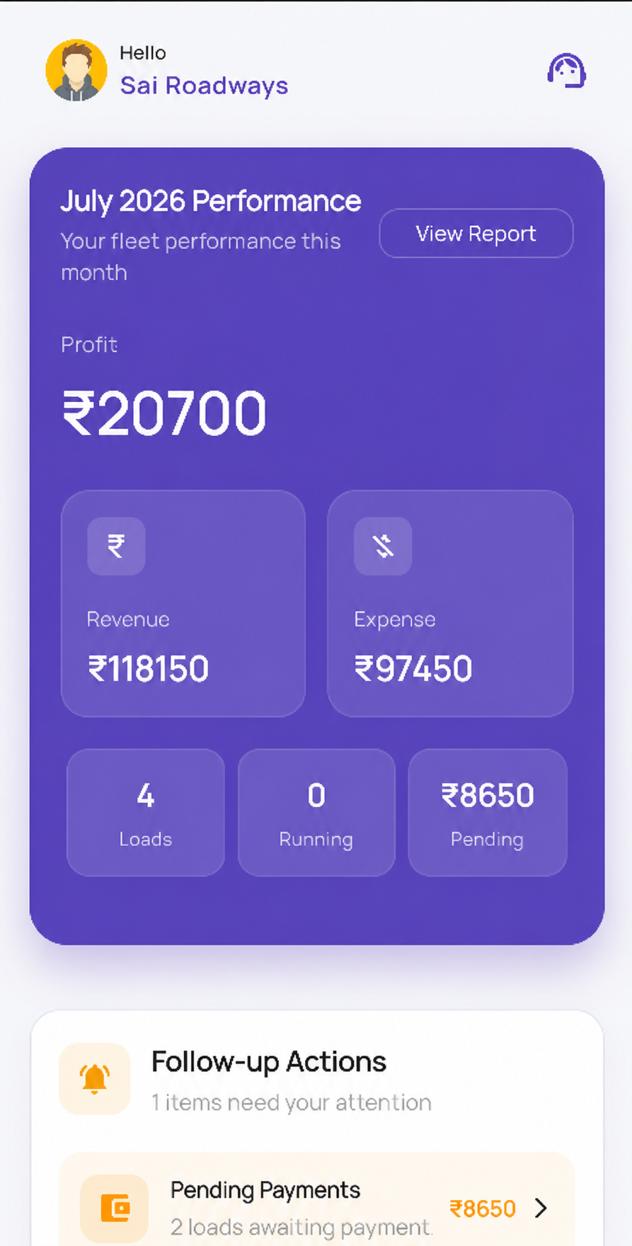 Sai Roadways owner dashboard